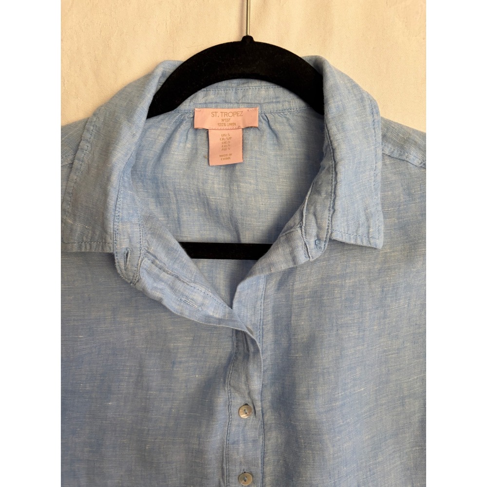 St. Tropez West Womens Light Blue 100% Linen Roll Tab Sleeve Tunic Top Small